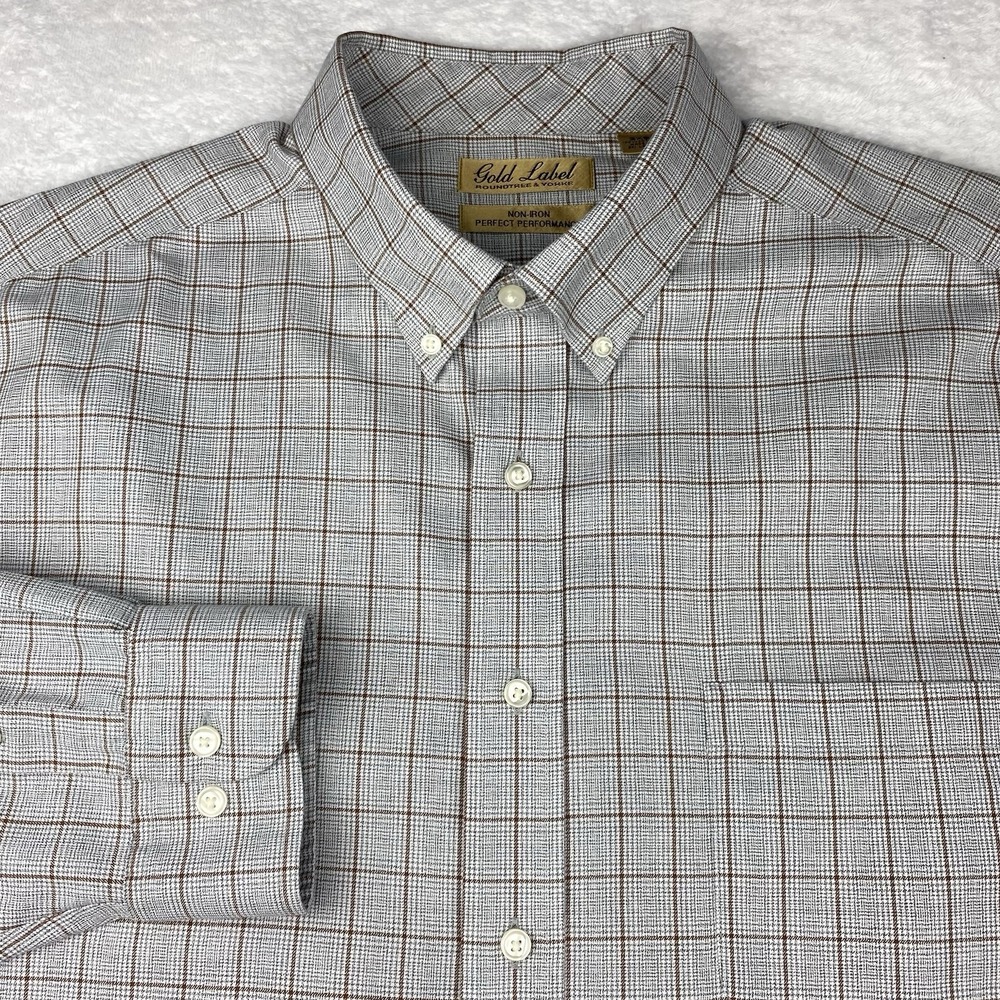 Roundtree & Yorke Gold Label Shirt‎ Men's 2XB Gray/Brown Checks No Iron